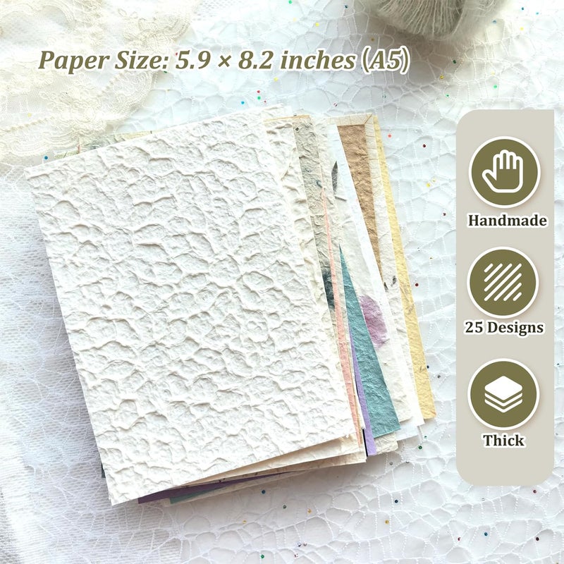 Flartmo 25 Desingns Handmade Textured Paper, 8.2"x5.9" Thick Mulberry Paper with Real Botanical, Multicolor Embossed Craft Sheets for Card Making, Scrapbooking, Junk journal, Invitations, Watercolor, Printing - Image 2